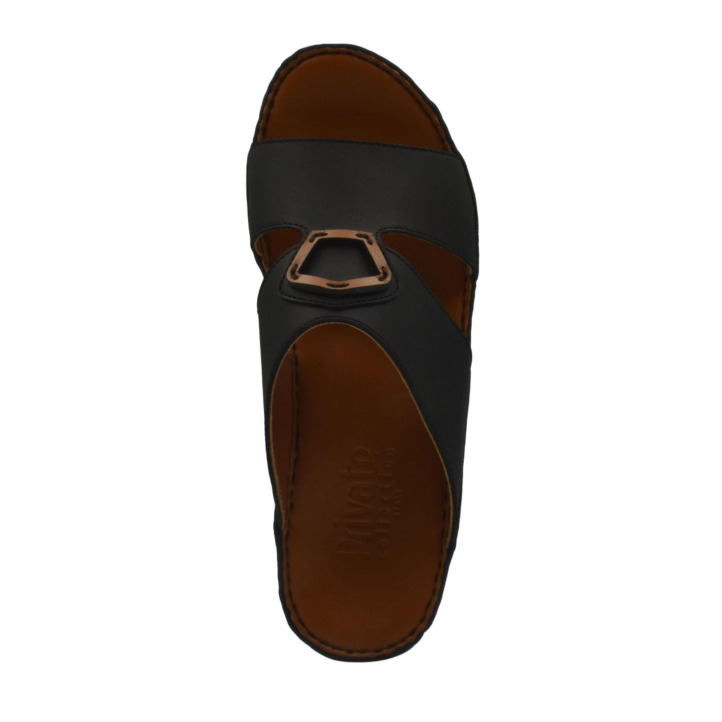 Top view of Rubbercalf contrast shoes in black with brown sole and decorative buckle detail