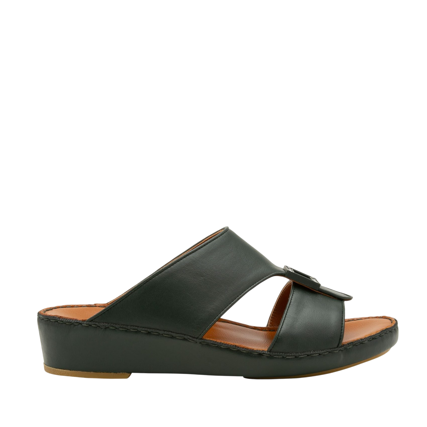 Black soft calf leather sandals with open toe and low wedge heel for comfortable wear