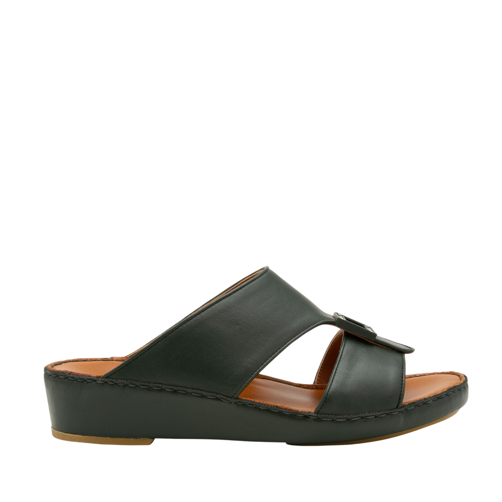 Black soft calf leather sandals with open toe and low wedge heel for comfortable wear