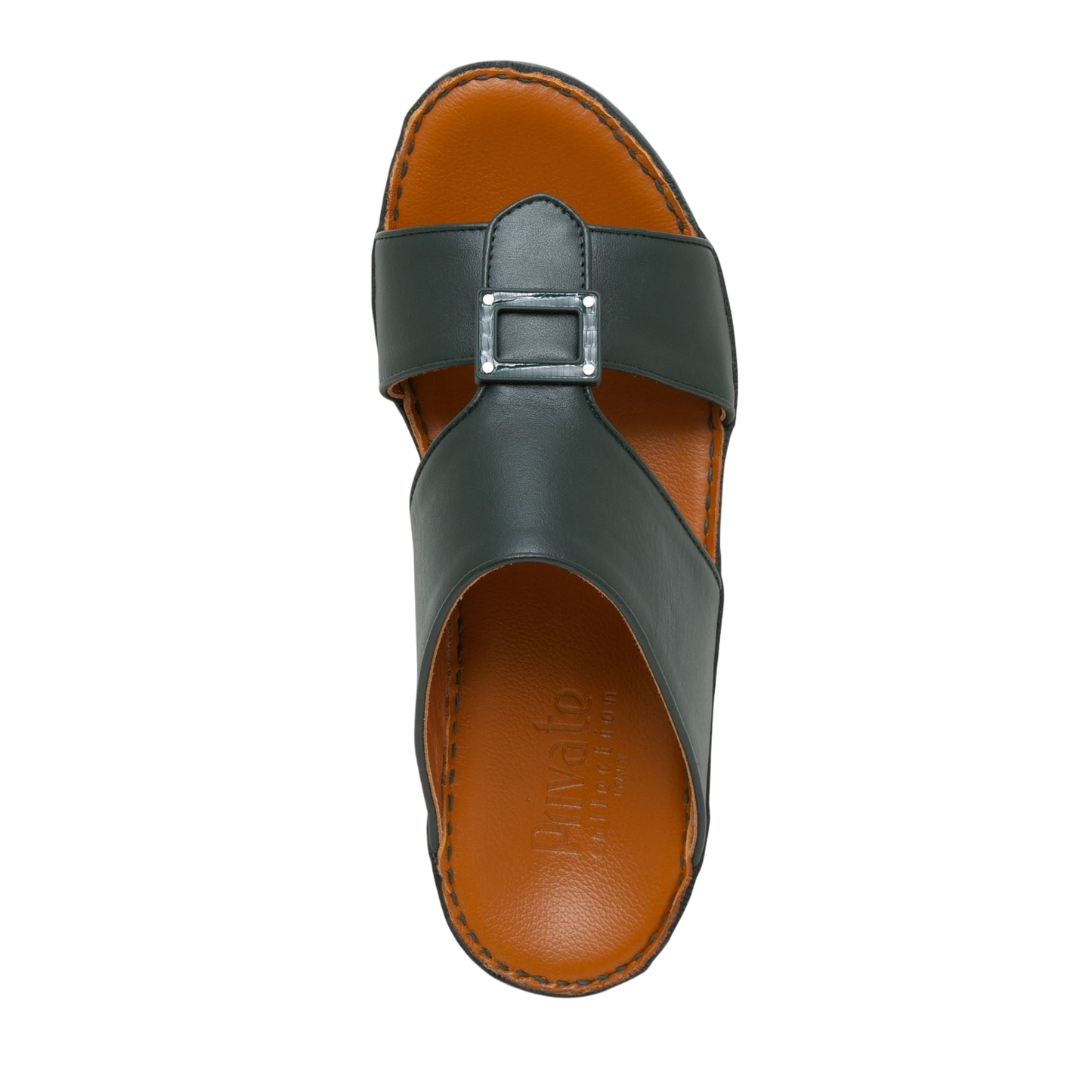 Black soft calf leather sandals with buckle strap and brown cushioned insole from Private collection