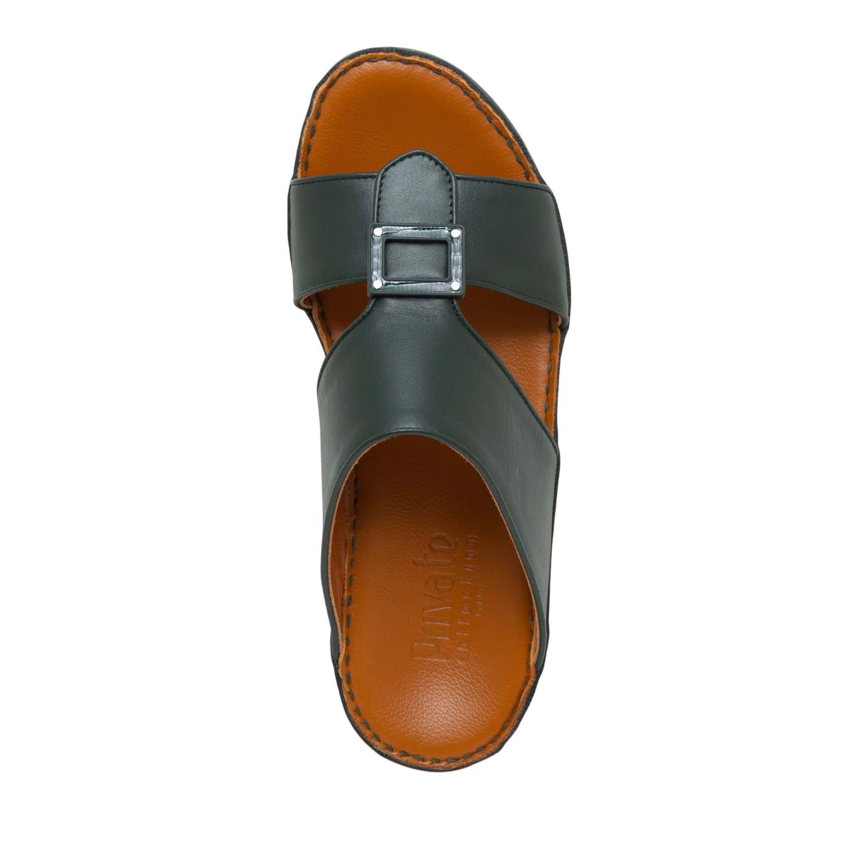 Black soft calf leather sandals with buckle strap and brown cushioned insole from Private collection