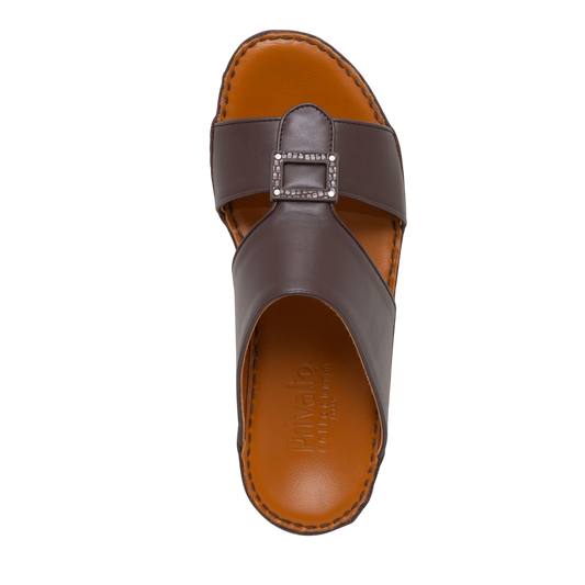Brown soft calf leather sandals with decorative buckle and cushioned tan footbed from Private collection