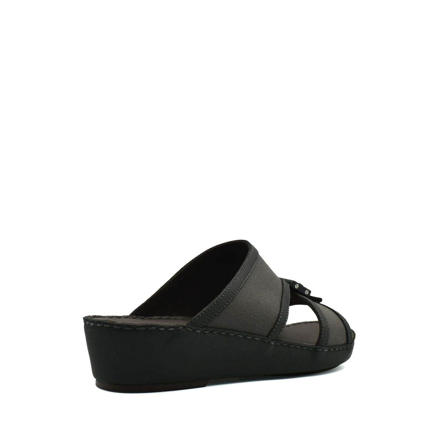 Black softcalf comfort slip on sandals with a low wedge heel and open toe design