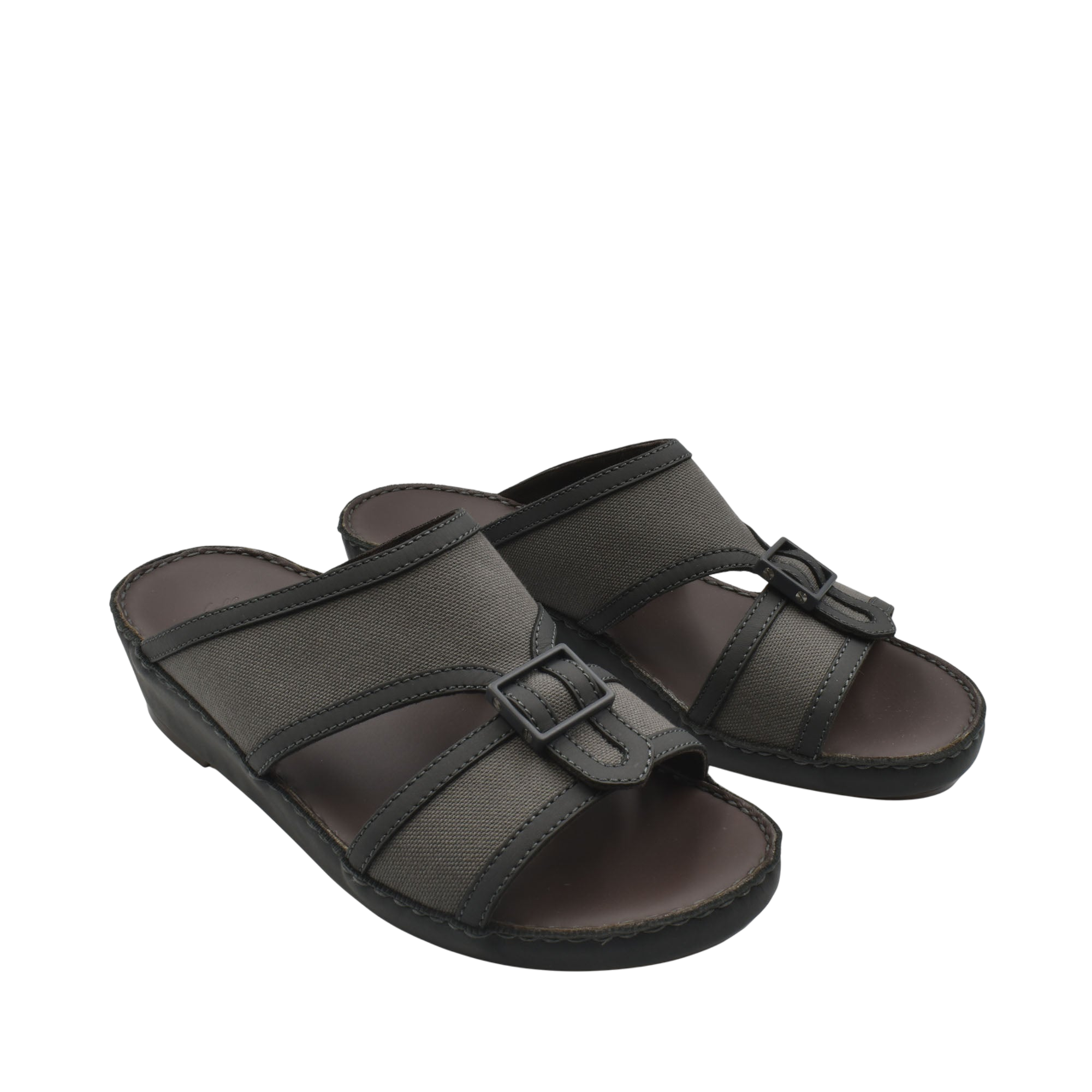 Black softcalf comfort slip on sandals with adjustable buckle straps and cushioned soles
