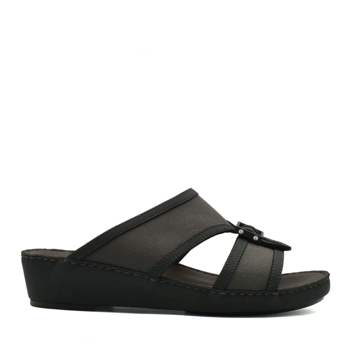 Black softcalf comfort slip on sandals with low wedge heel and adjustable strap from Private collection