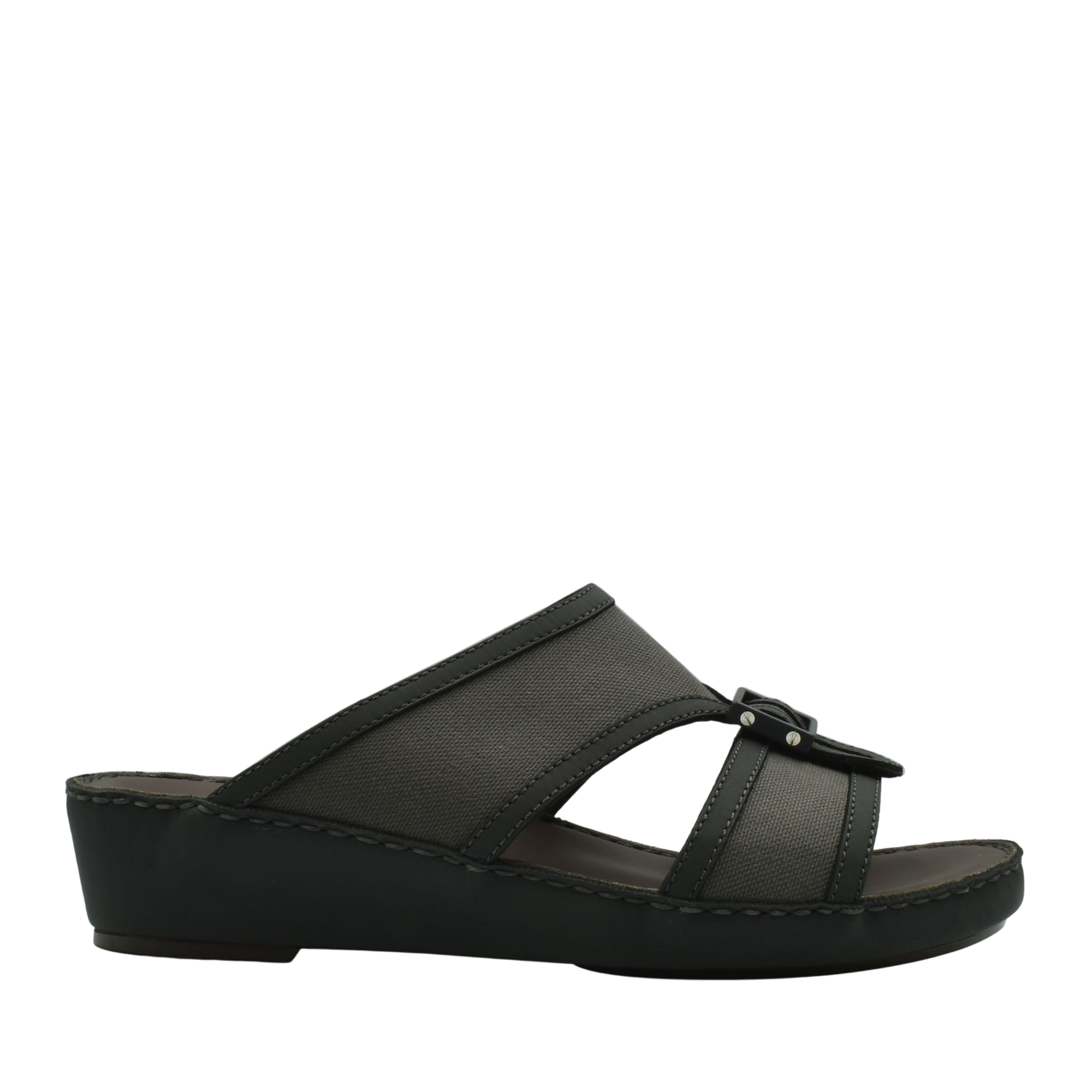 Black softcalf comfort slip on sandals with low wedge heel and adjustable strap from Private collection