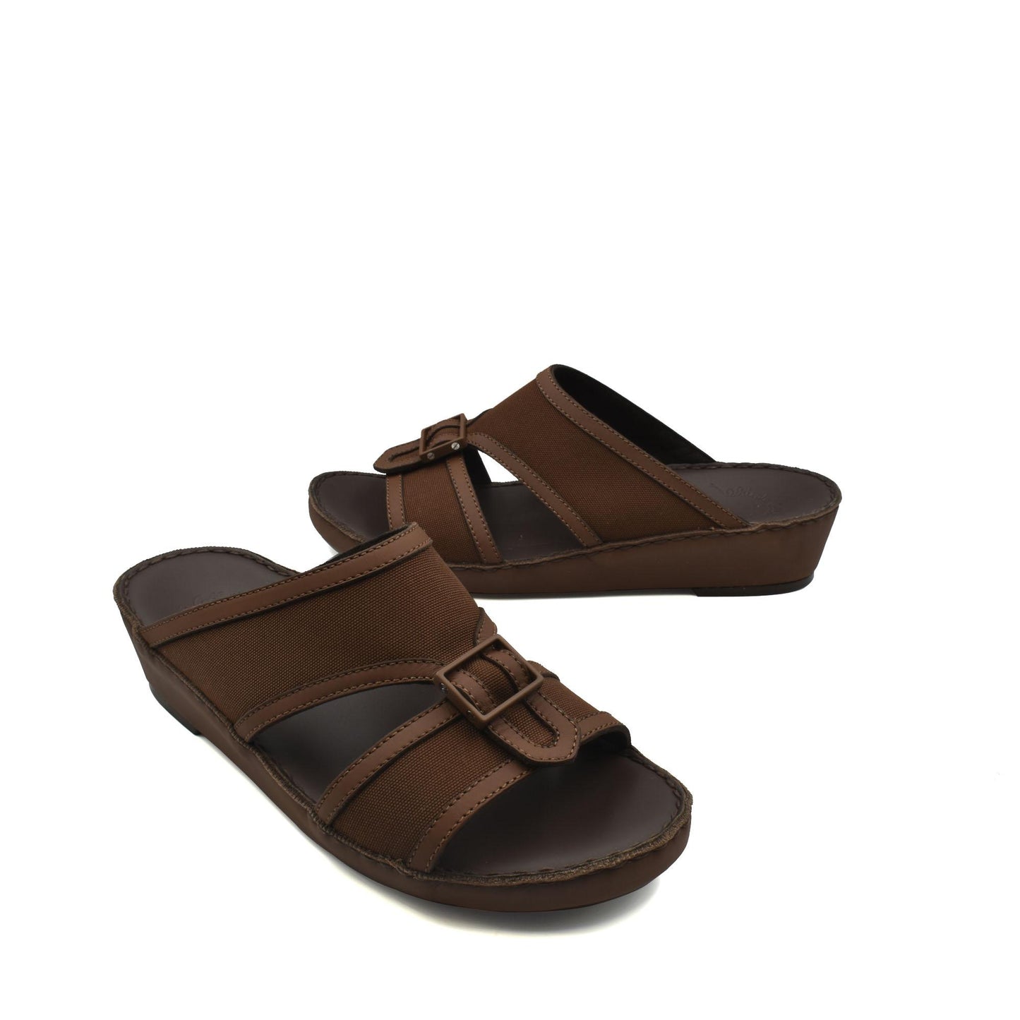 Brown softcalf comfort slip on sandals with adjustable straps and cushioned footbed