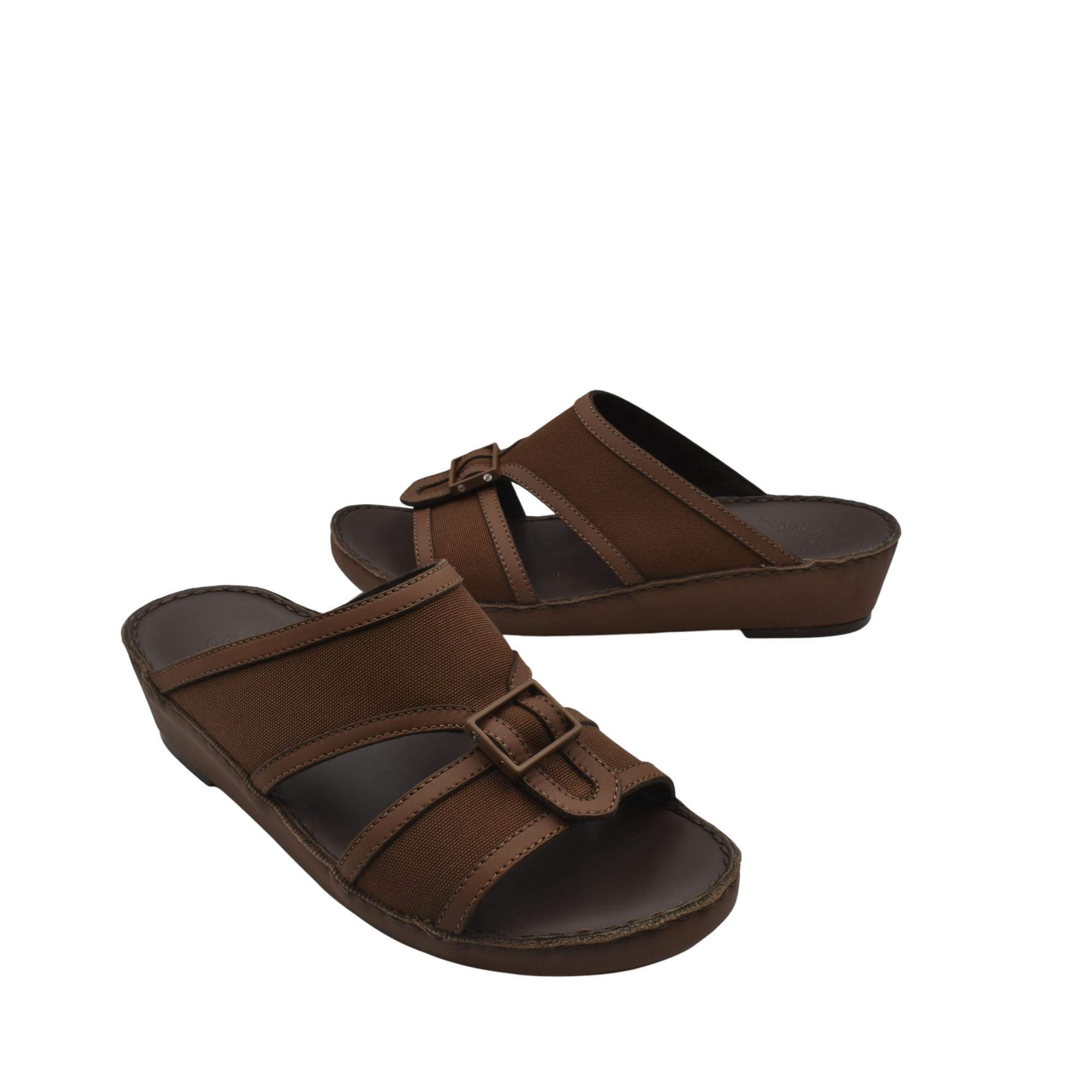 Brown softcalf comfort slip on sandals with adjustable straps and cushioned footbed