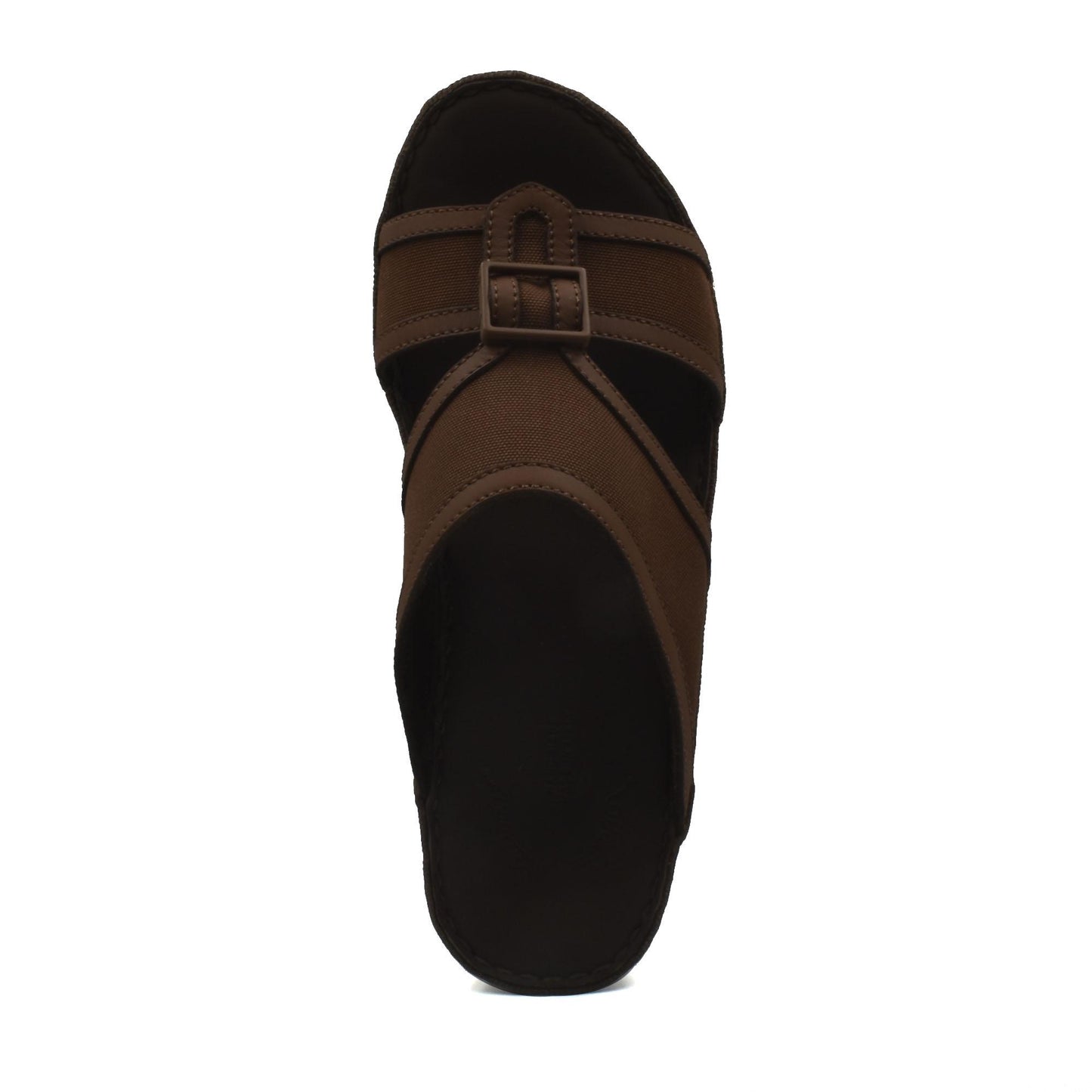 Brown softcalf comfort slip on sandals with buckle detail and cushioned footbed