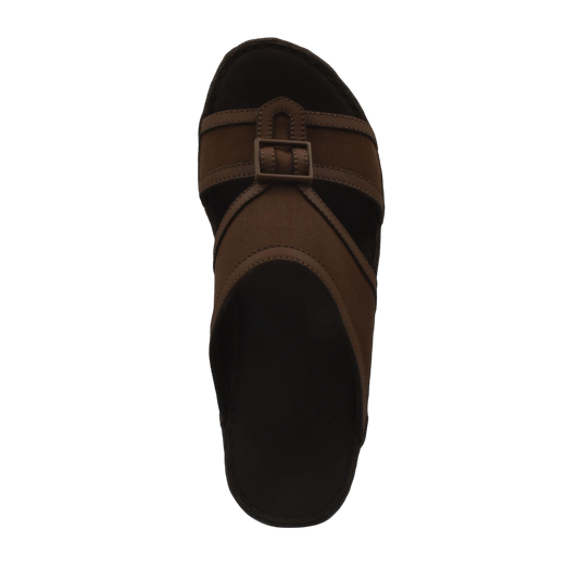 Brown softcalf comfort slip on sandals with buckle detail and cushioned footbed
