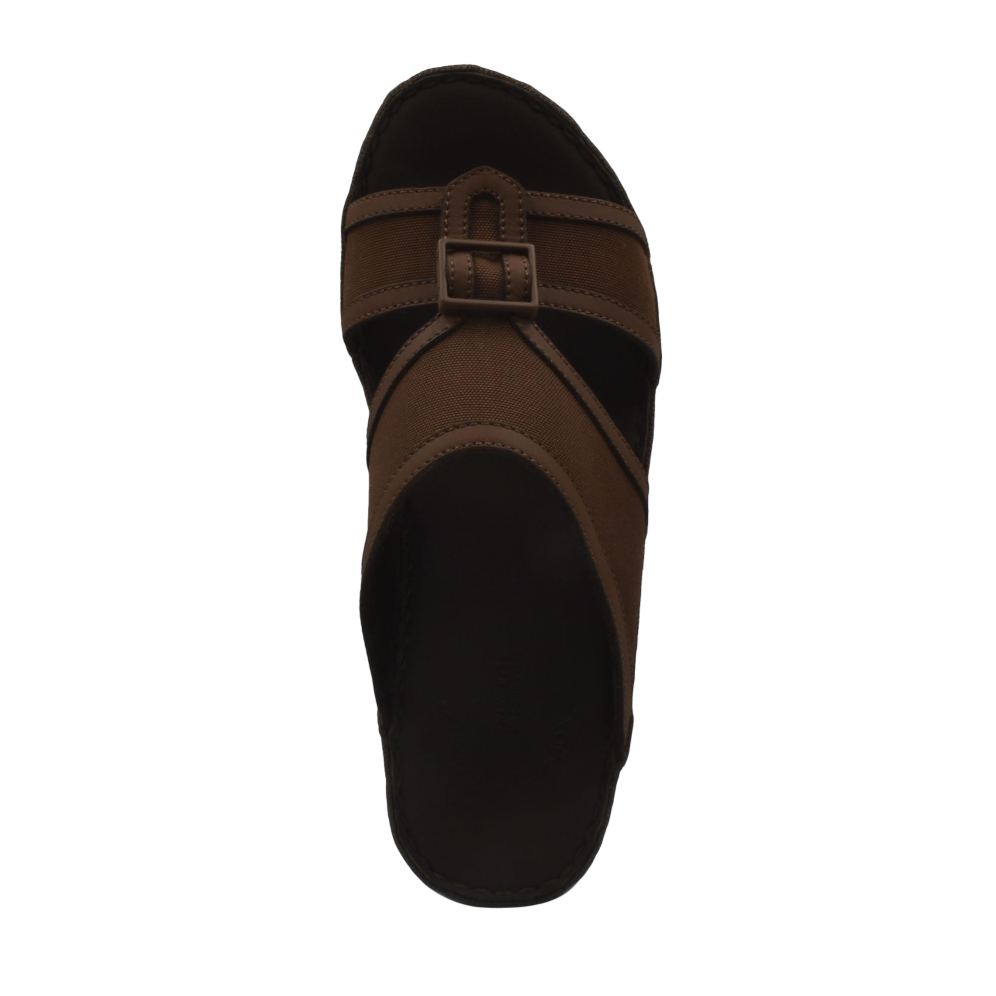 Brown softcalf comfort slip on sandals with buckle detail and cushioned footbed