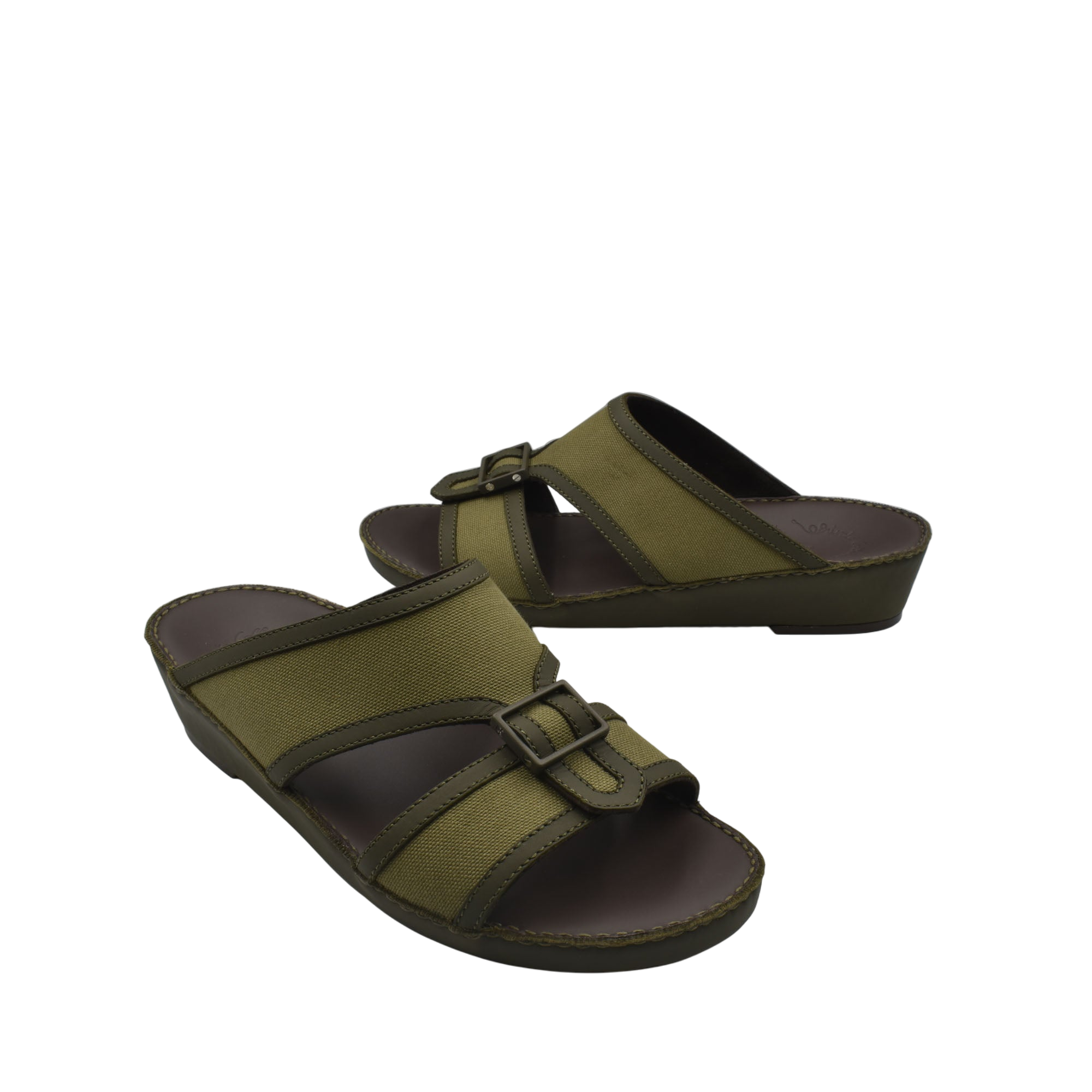 Olive green softcalf comfort slip on sandals with adjustable buckle straps and brown sole