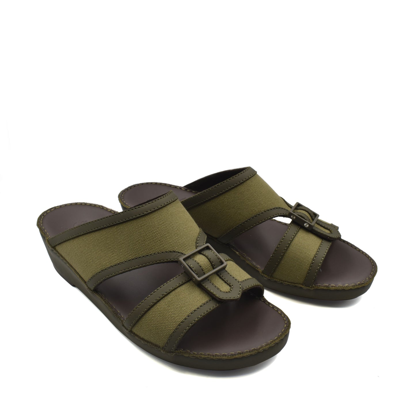 Olive green softcalf comfort slip on sandals with adjustable buckle straps for everyday wear