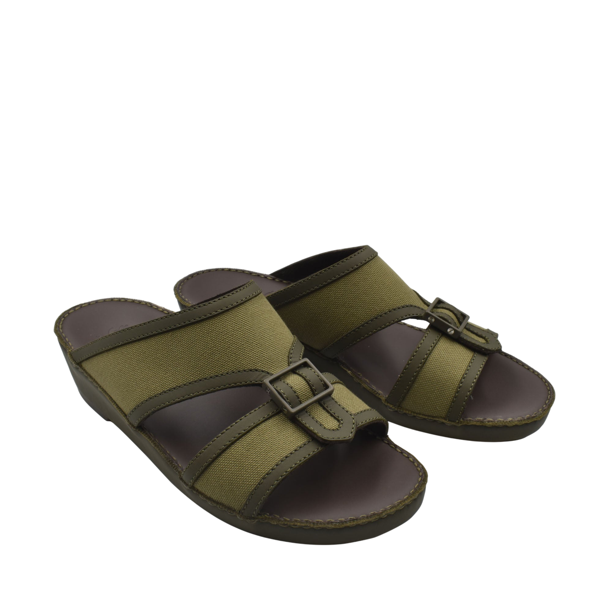Olive green softcalf comfort slip on sandals with adjustable buckle straps for everyday wear