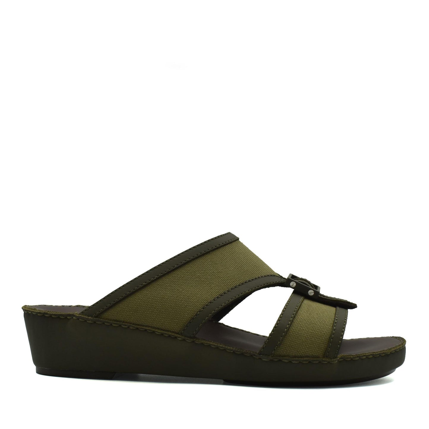 Olive green softcalf comfort slip on sandals with adjustable straps and wedge sole for casual wear