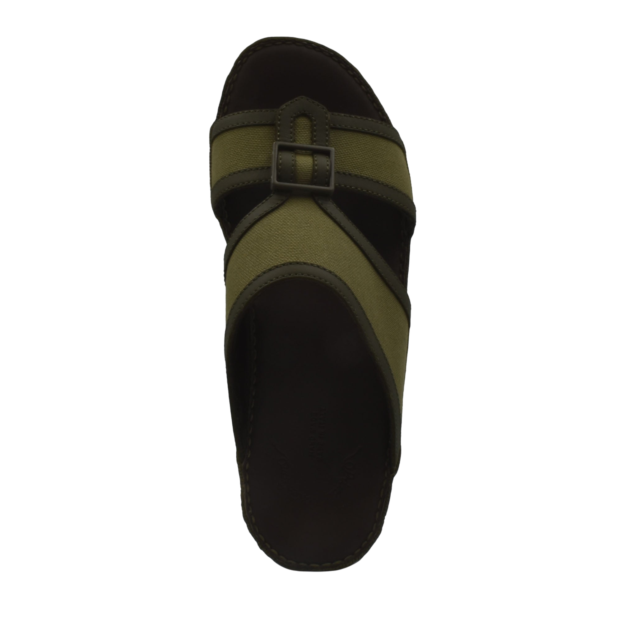Top view of olive green and black softcalf comfort slip on sandals with buckle detail