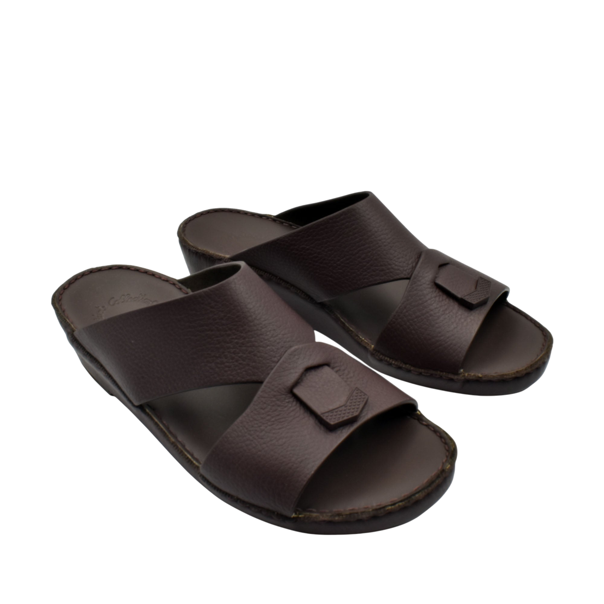 Trendy leather slide sandals in dark brown with a wide strap and decorative buckle detail