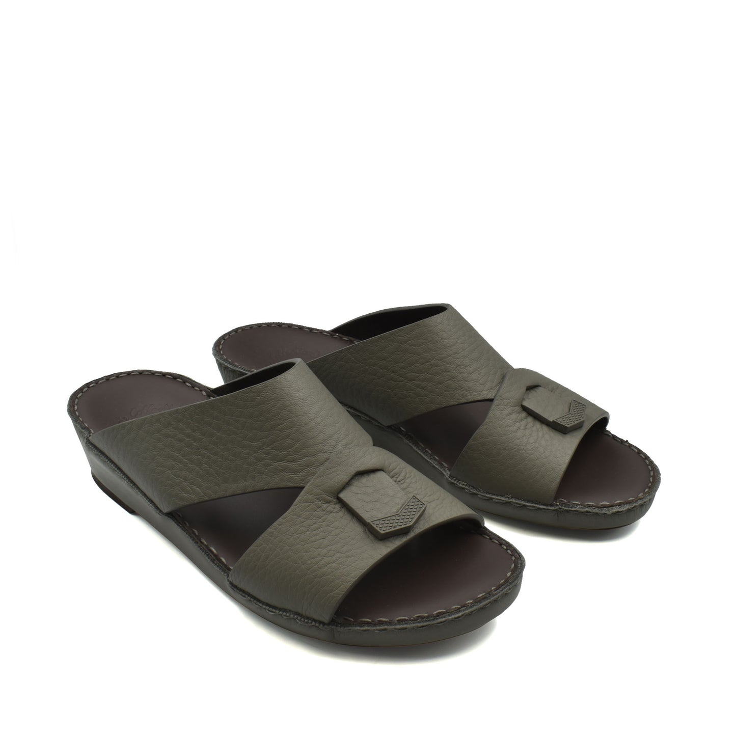 Dark brown trendy leather slide sandals with wide straps and cushioned sole from Private Collection