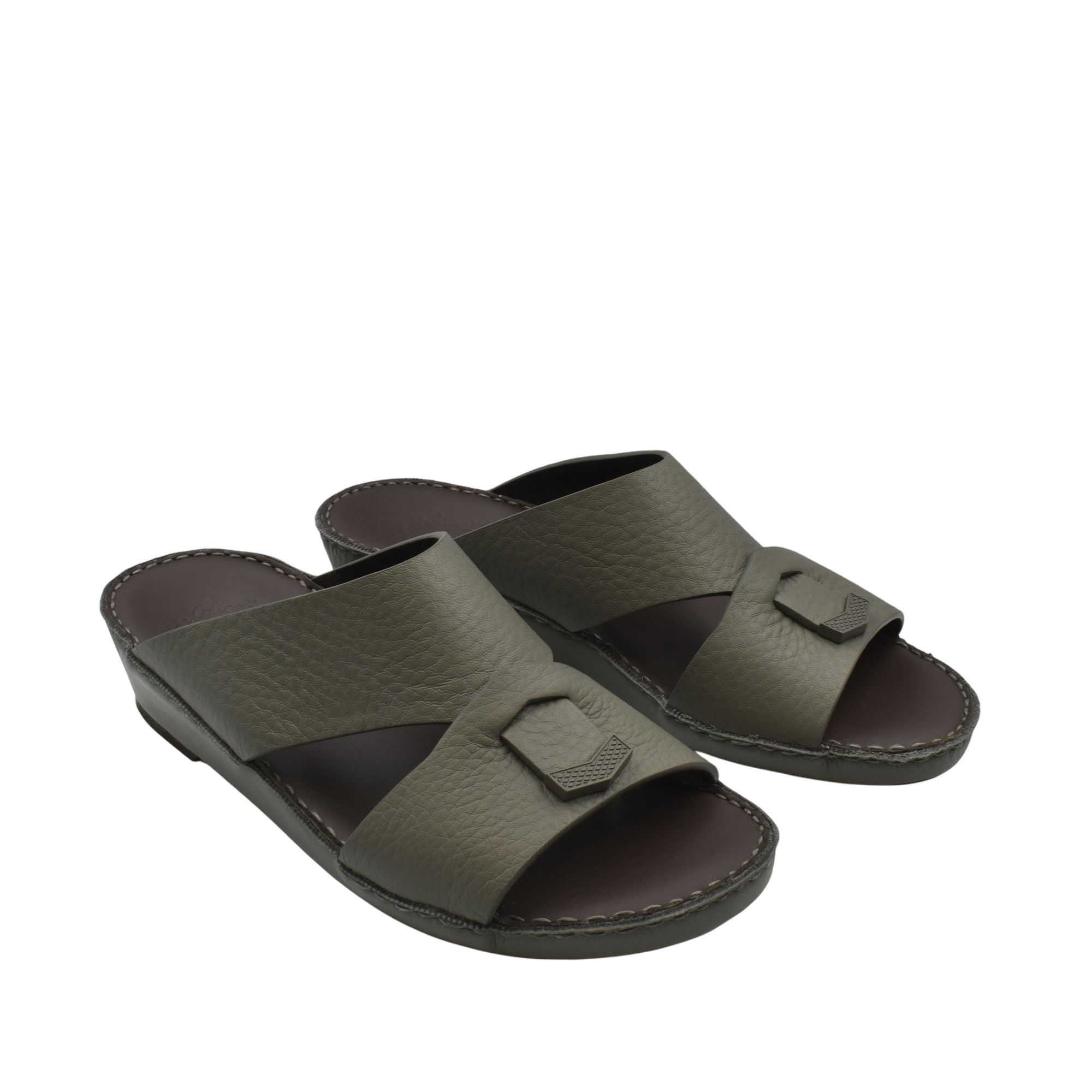 Dark brown trendy leather slide sandals with wide straps and cushioned sole from Private Collection
