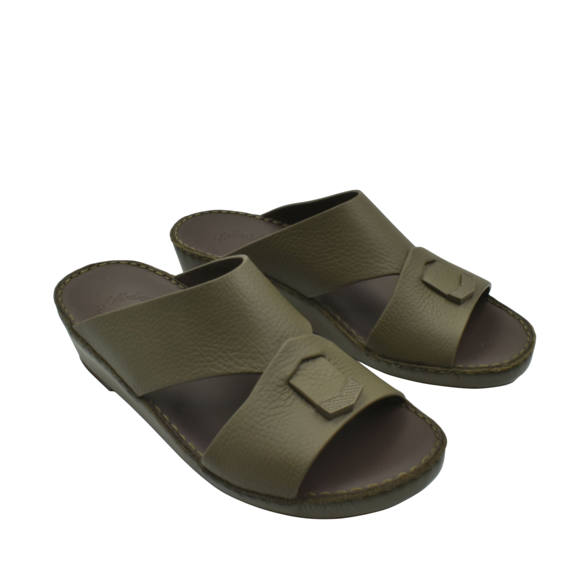 Trendy leather slide sandals in olive green with wide straps and buckle detail for casual wear