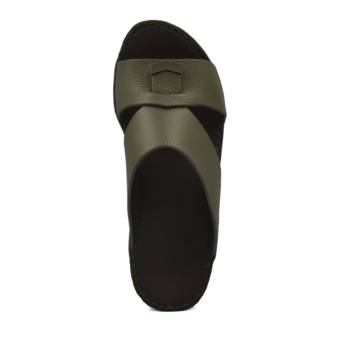 Top view of trendy leather slide sandals in olive green with wide straps and stitched sole