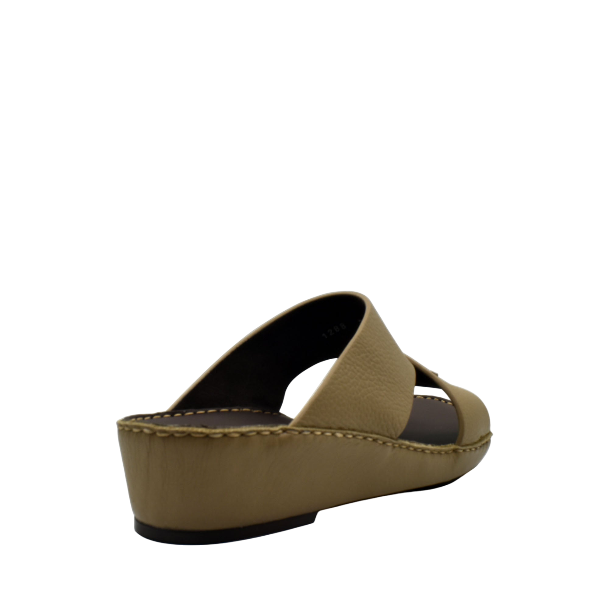 Beige trendy leather slide sandals with a slight wedge heel and open toe design