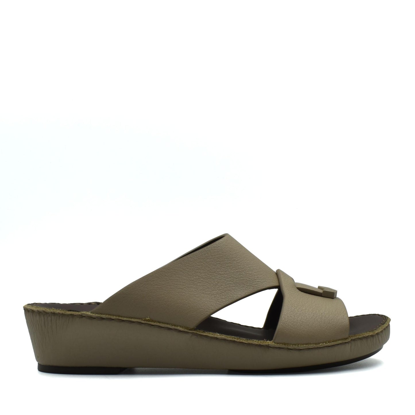 Taupe trendy leather slide sandals with a wedge sole from private collection