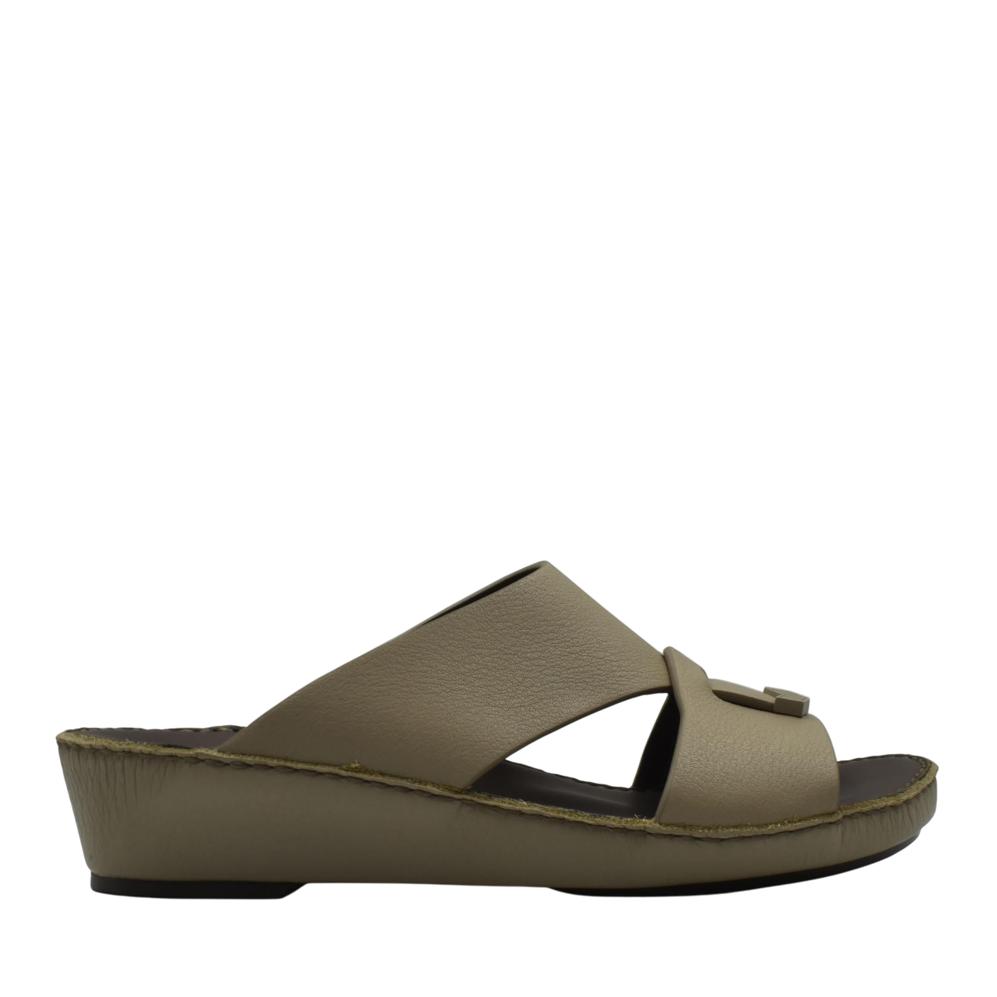 Taupe trendy leather slide sandals with a wedge sole from private collection