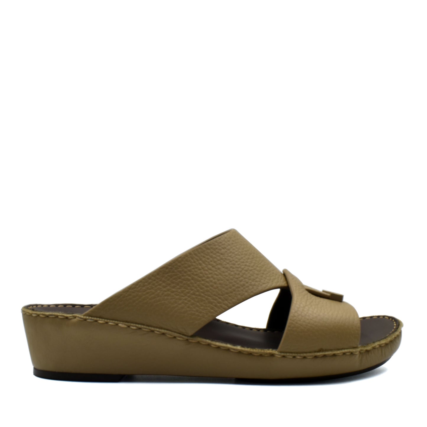 Trendy leather slide sandals in tan with cushioned sole and open toe design