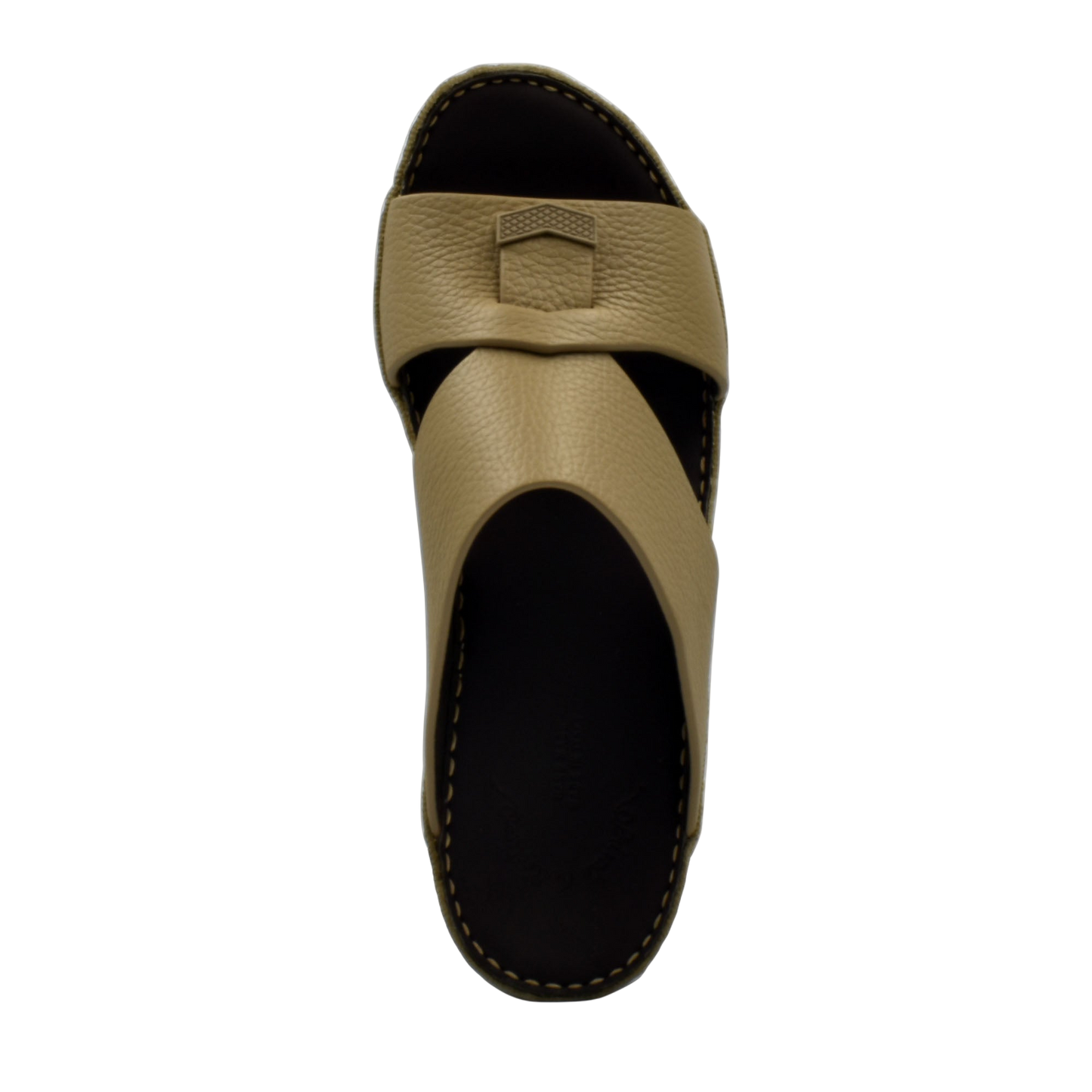 Beige trendy leather slide sandals with cushioned black sole and stylish cross strap design