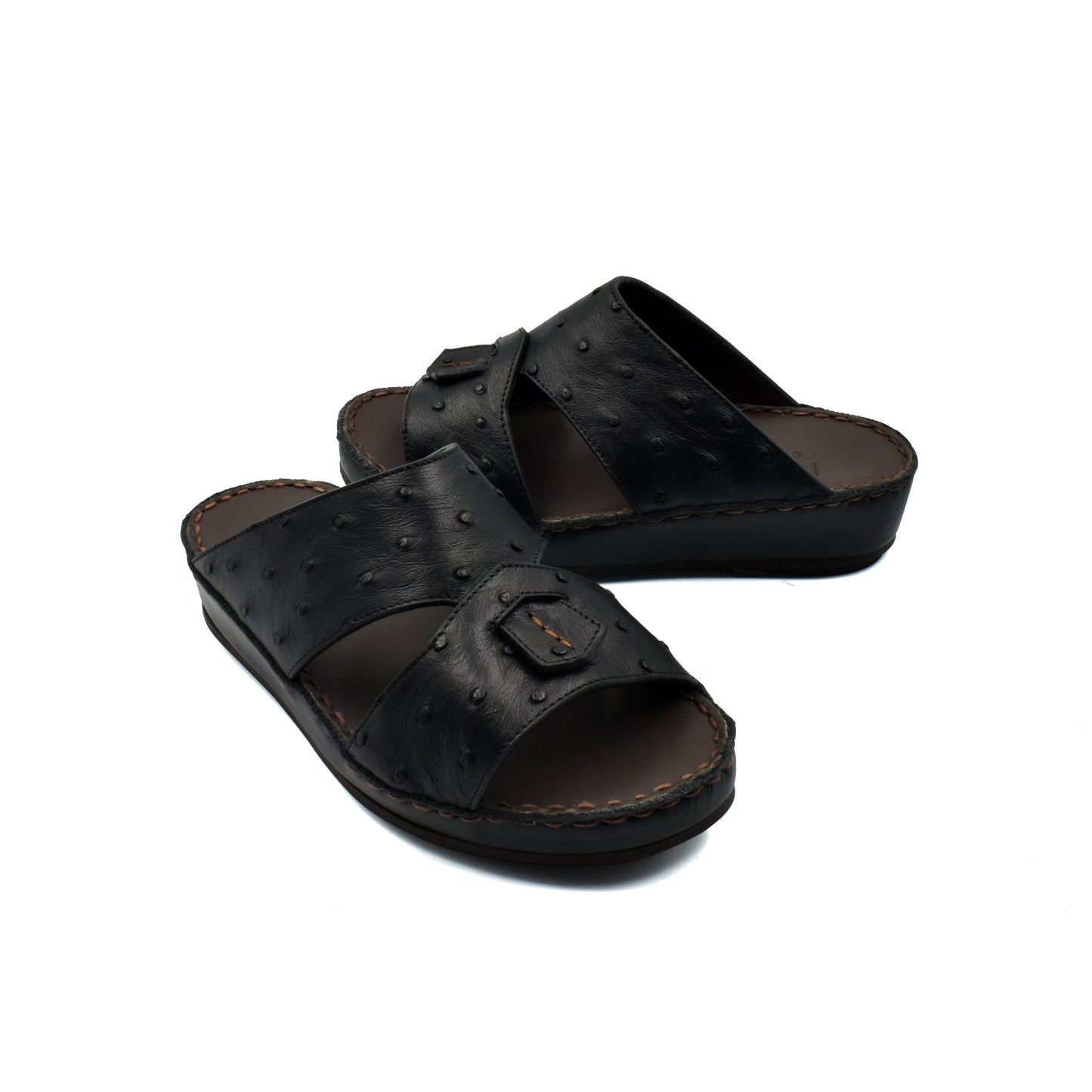 Black ostrich leather kids sandals with open toe and cushioned sole for comfort