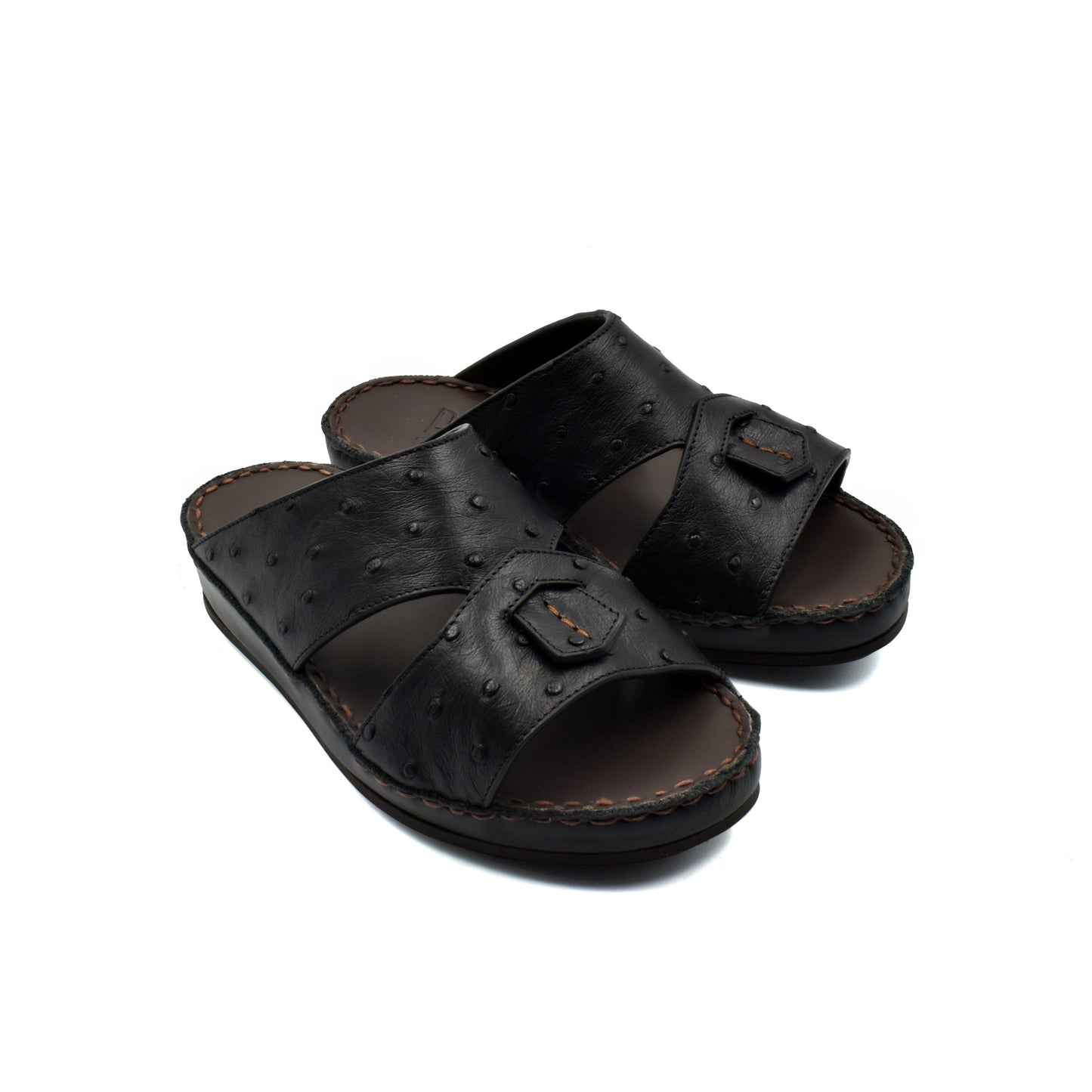 Black ostrich leather kids sandals with open toe and adjustable strap from private collection