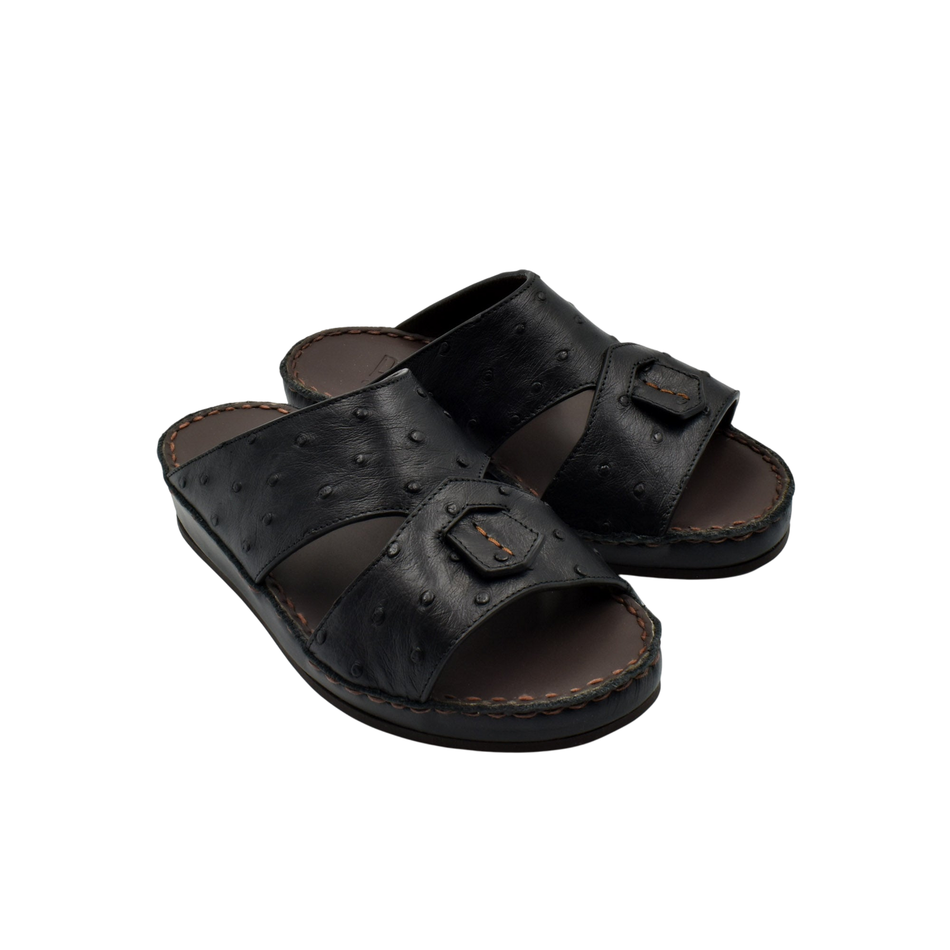 Black ostrich leather kids sandals with open toe and adjustable strap from private collection