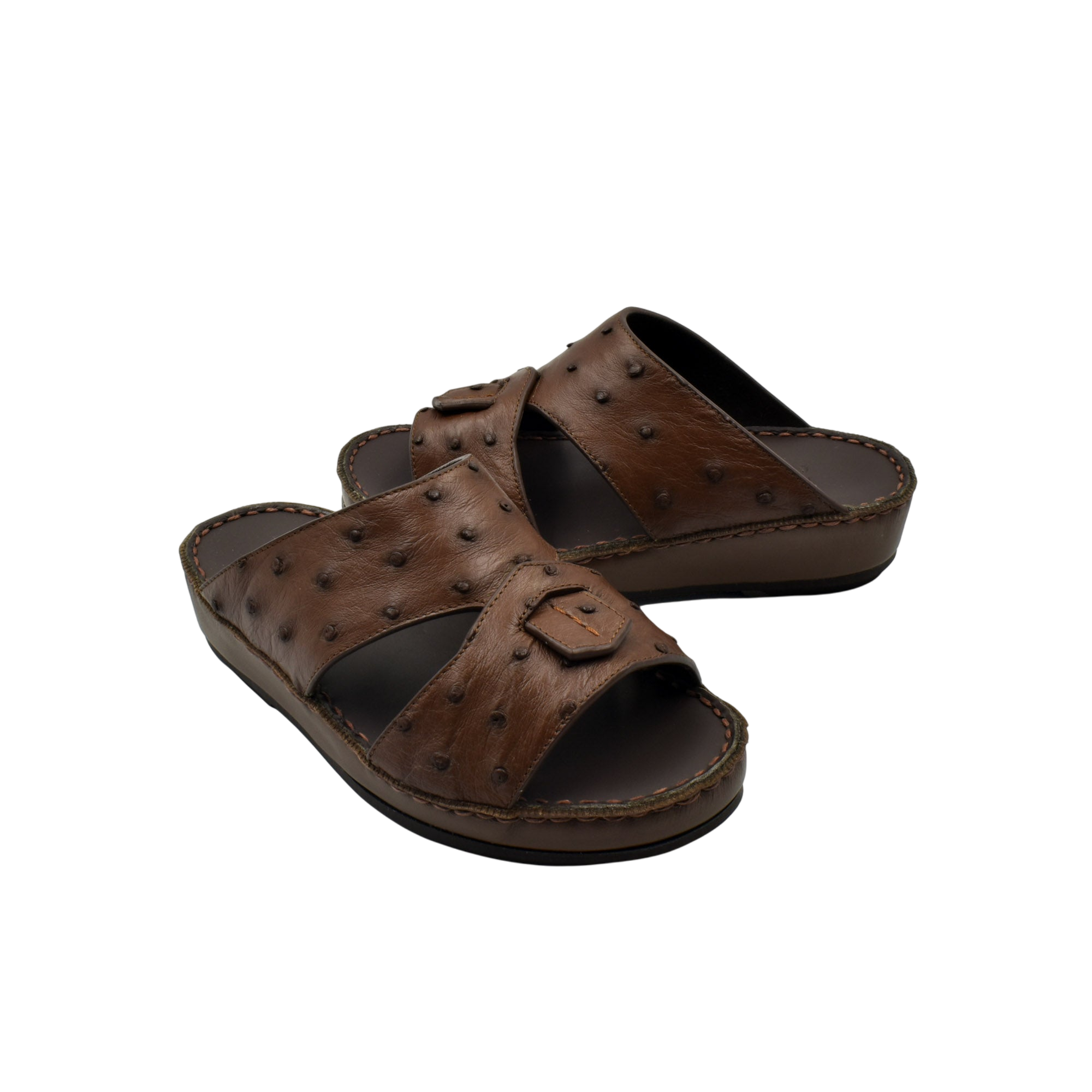 Brown ostrich leather kids sandals with textured design and adjustable strap from private collection
