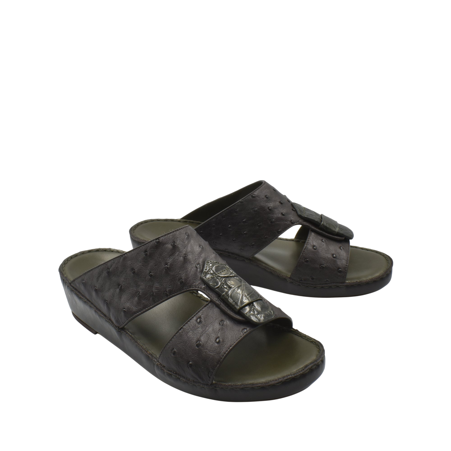 Black ostrich leather sandals with open toe and adjustable strap from private collection