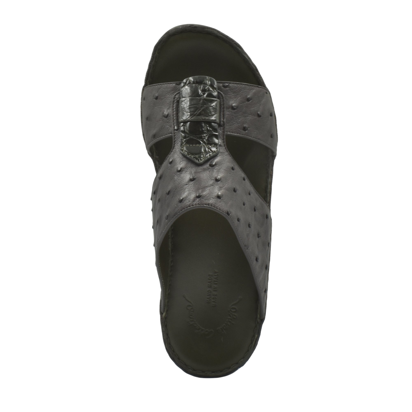Black ostrich leather sandals with textured upper and open toe design from Private collection