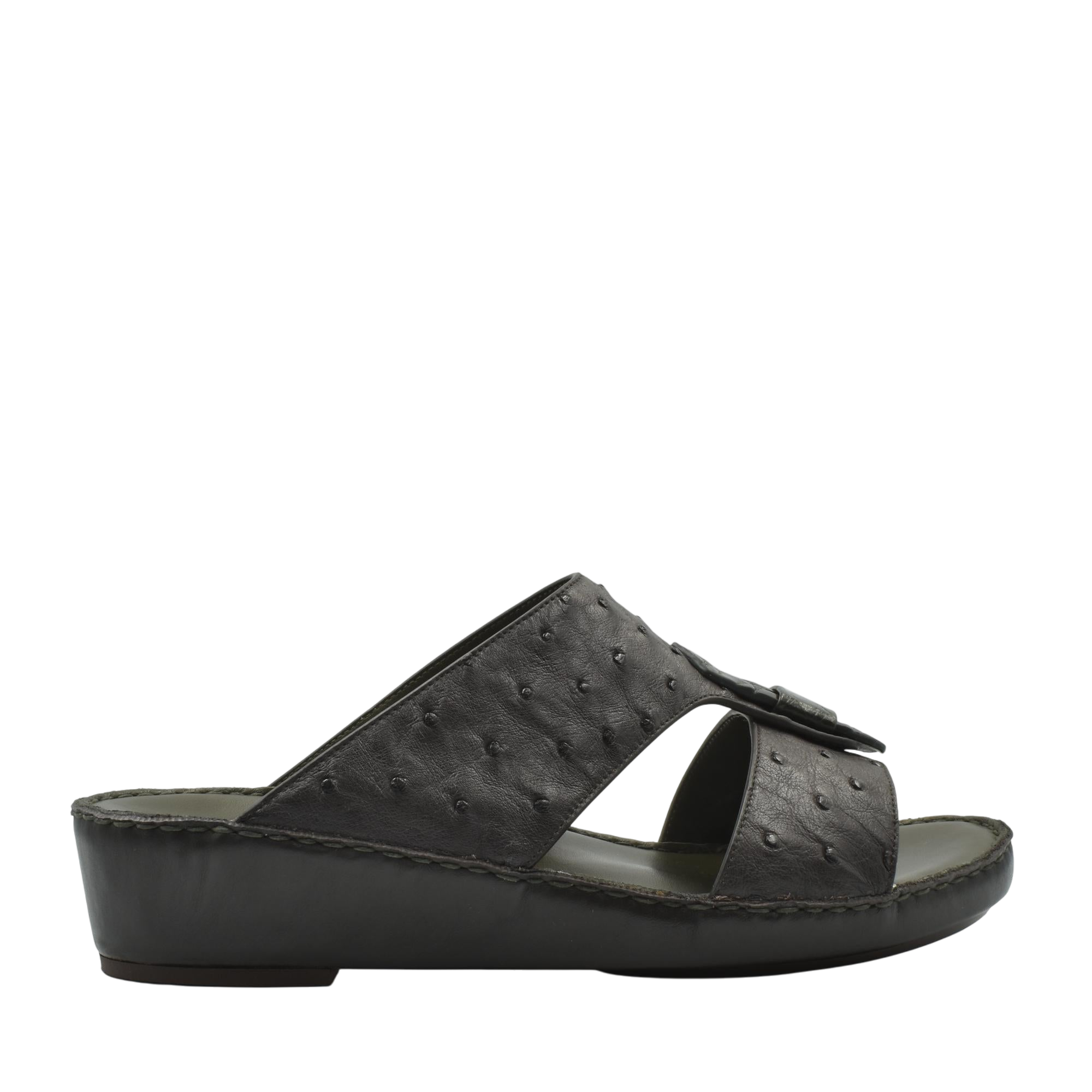 Black ostrich leather sandals with cushioned sole and open toe design for comfortable wear