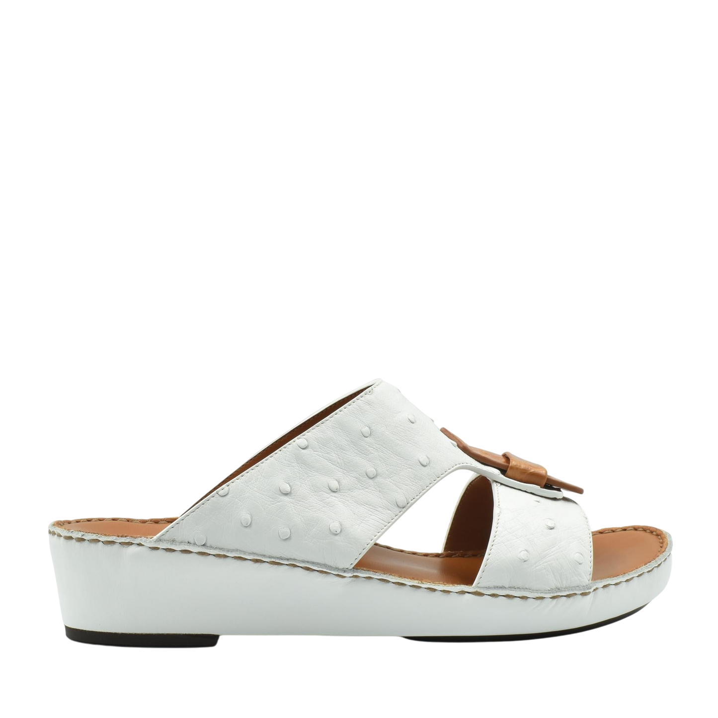 White ostrich leather sandals with wedge sole and brown buckle from Private Collection
