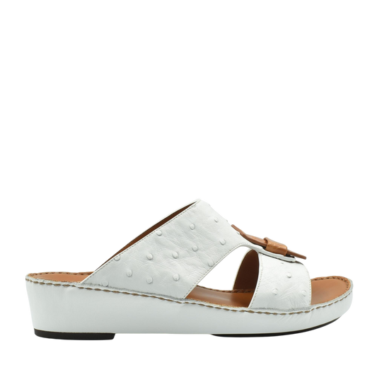 White ostrich leather sandals with wedge sole and brown buckle from Private Collection
