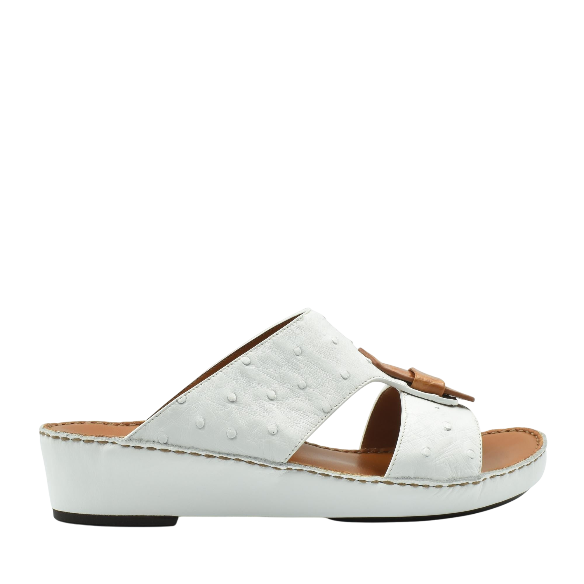 White ostrich leather sandals with wedge sole and brown buckle from Private Collection
