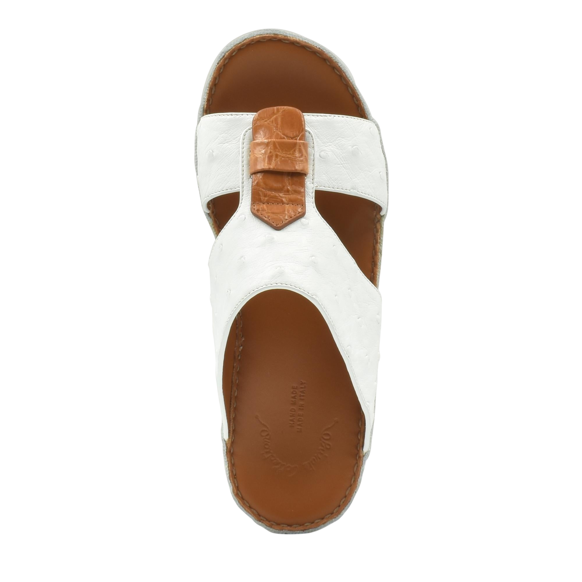 White and brown ostrich leather sandals with adjustable strap and cushioned footbed for comfort