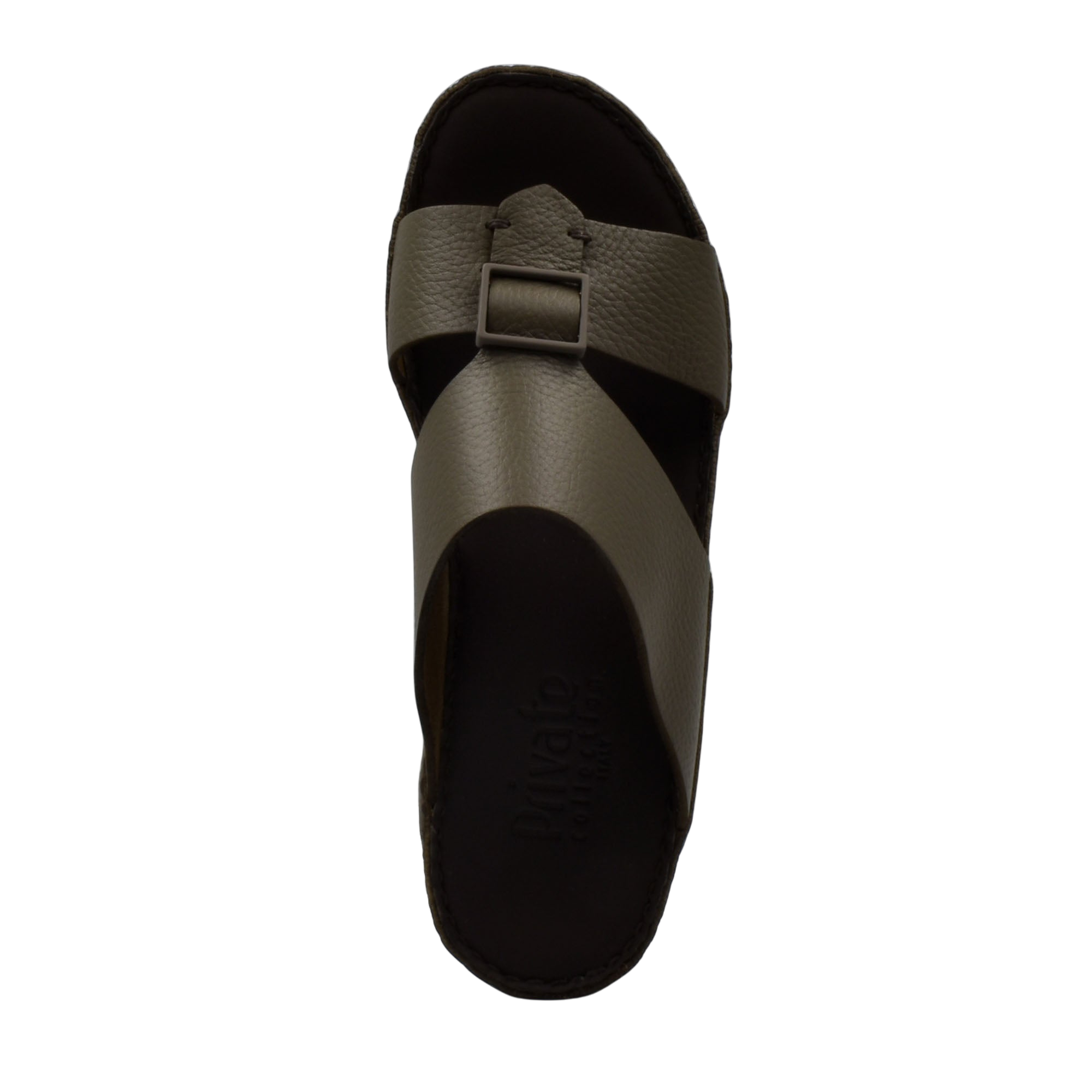 Private Collection premium casual sandals in dark olive with adjustable buckle strap and cushioned footbed