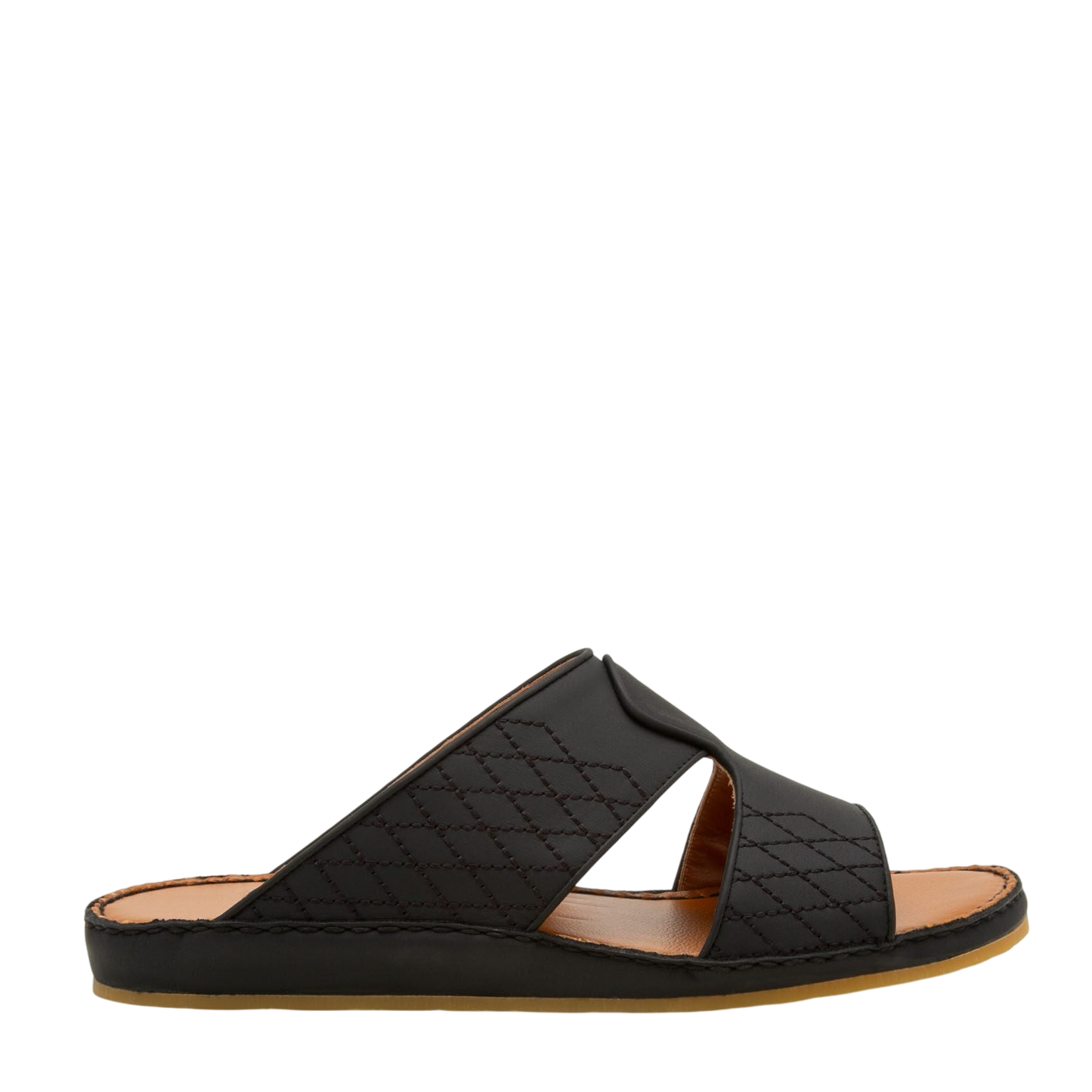 Black western sandals leather slide with stitched design and tan cushioned sole