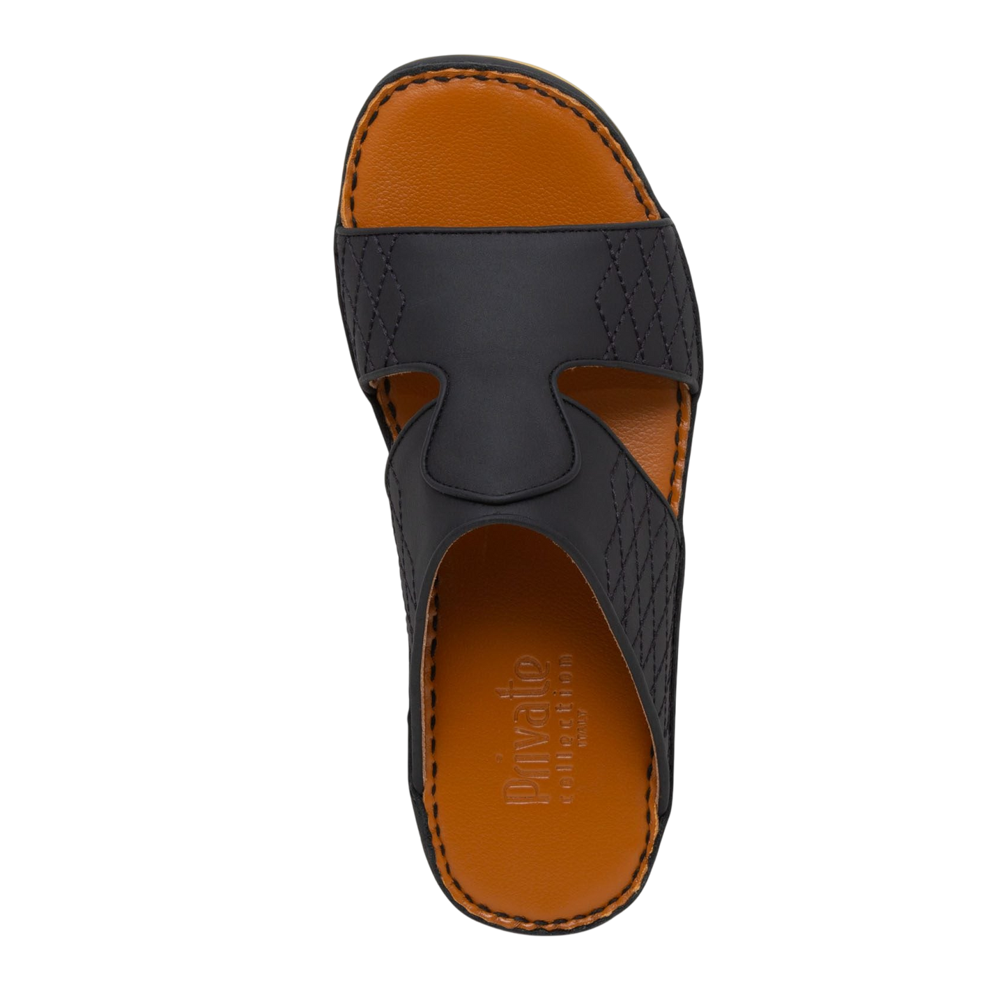 Top view of black western sandals leather with tan cushioned insole and stitched detailing