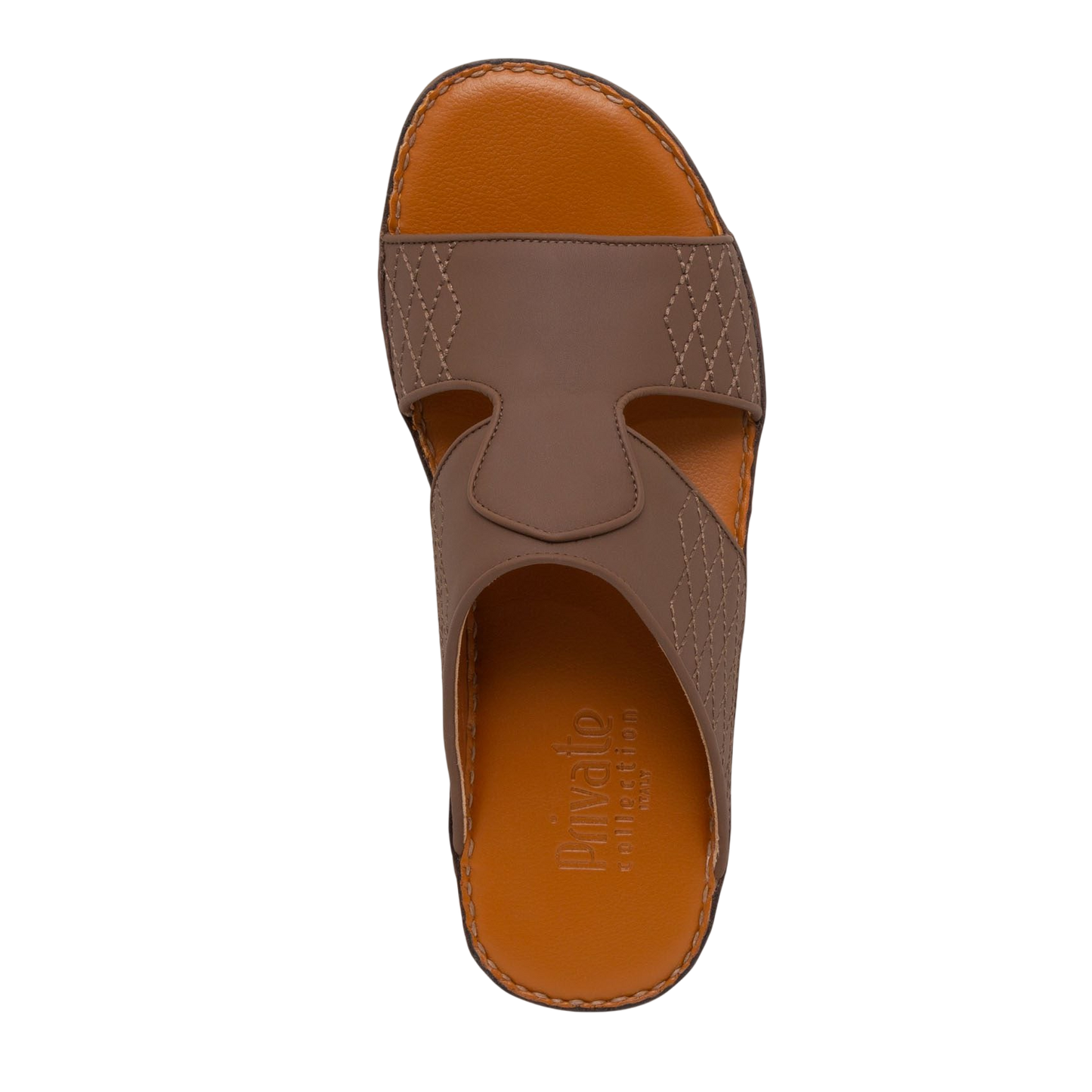 Top view of brown western sandals leather slide with stitched detailing and cushioned footbed