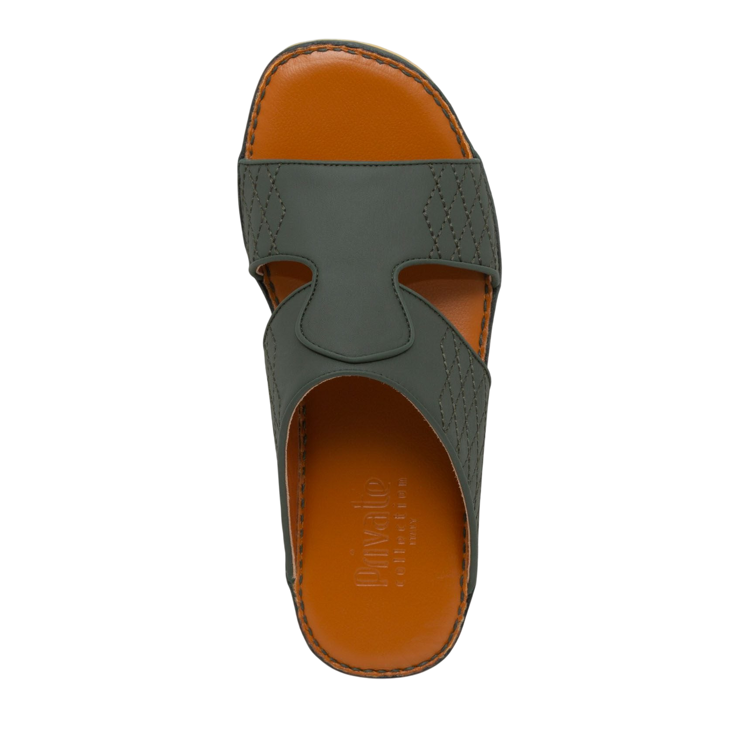 Top view of western sandals leather in dark green with orange footbed and stitched detailing
