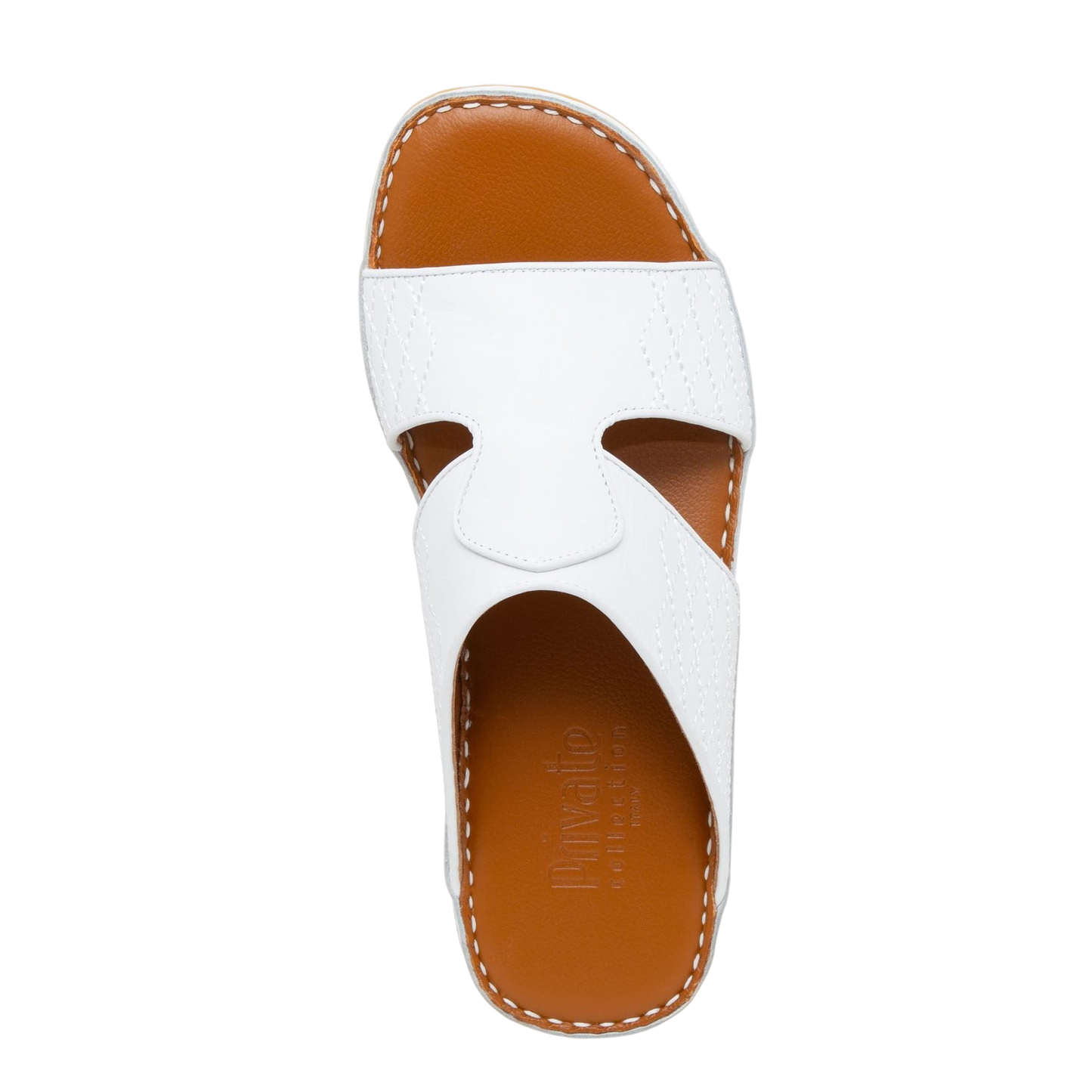 Top view of white western sandals leather with brown insole and detailed stitching