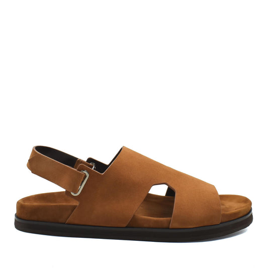 Brown suede Amorti Sangle footwear sandal with adjustable strap and black sole from Private collection