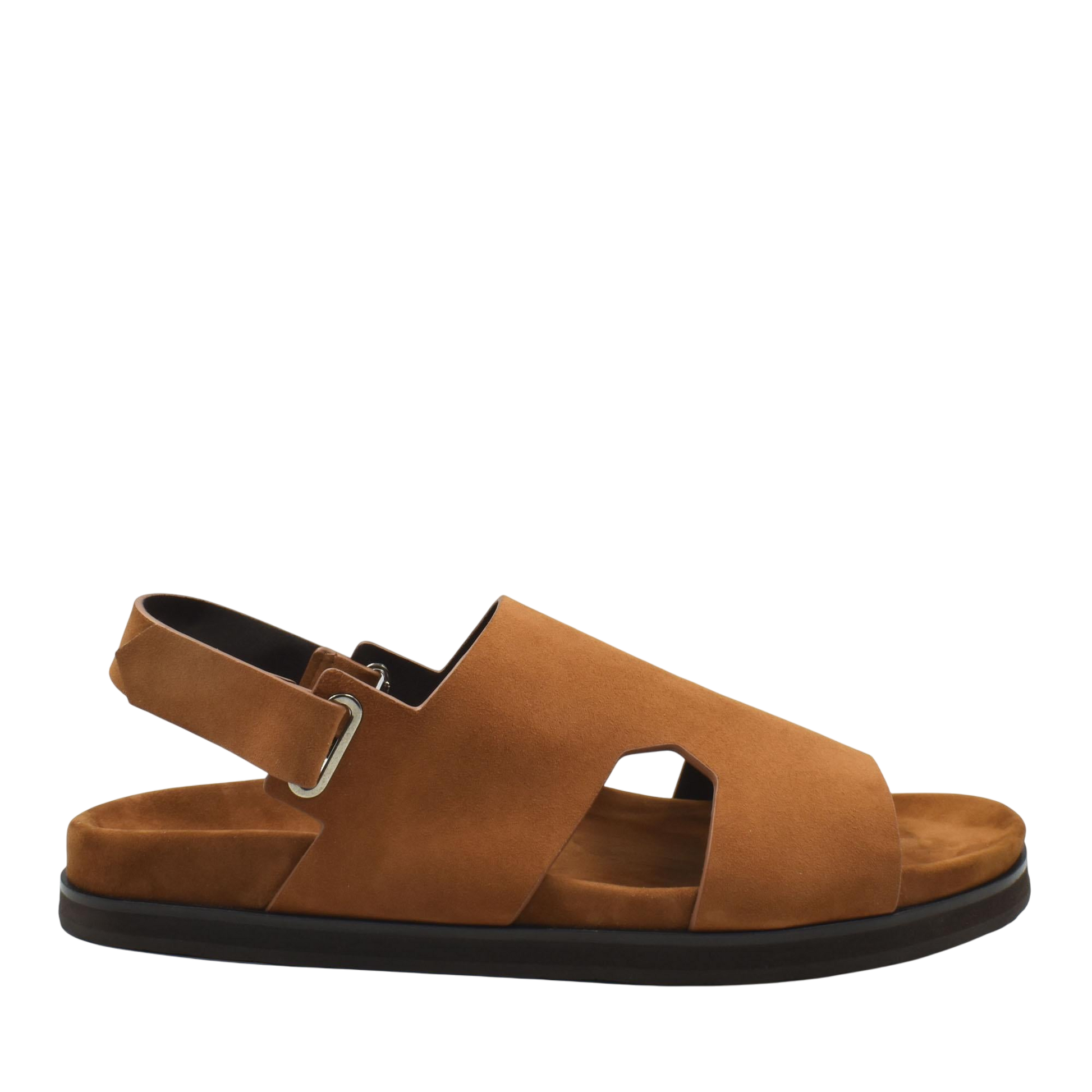 Brown suede Amorti Sangle footwear sandal with adjustable strap and black sole from Private collection