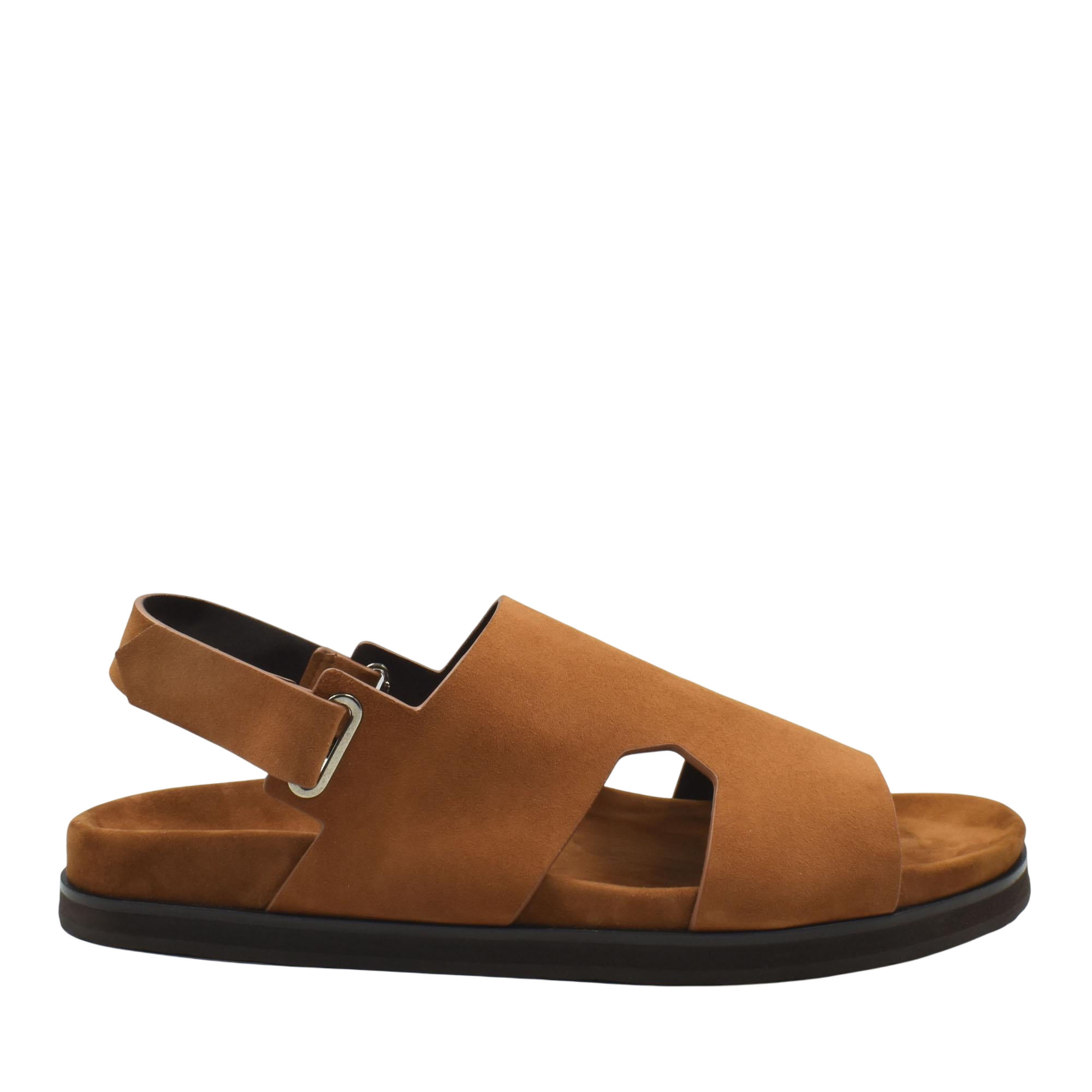 Brown suede Amorti Sangle footwear sandal with adjustable strap and black sole from Private collection